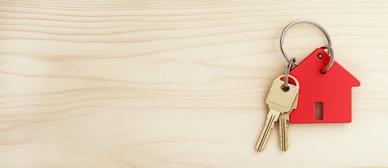 Red house keychain with keys on light wooden surface: modern real estate symbol