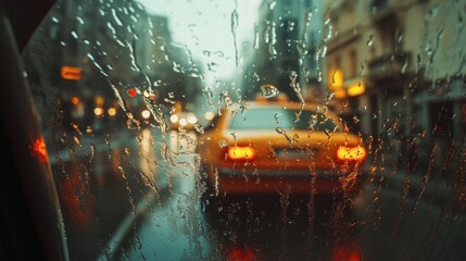 A car window on a rainy day, with drops of water racing down the glass as the car drives through a city.