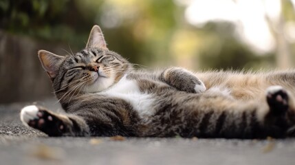 A cat laying on its back, showing off its fluffy belly, with its paws up and a look of total relaxation.