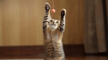 Naklejka premium A cat standing on its hind legs, reaching up to bat at a string toy, with wide, playful eyes.