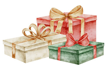 Gift Boxes watercolor illustration. Drawing of Presents with ribbons and bows for Christmas or New Year design. Art of surprise package for Birthday greeting cards or invitations. Red and green.