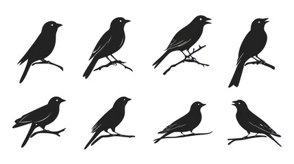 bird silhouettes in flight and perched positions for creative designs, isolated on transparent background