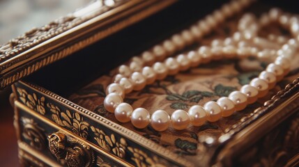 Fototapeta premium A classic pearl necklace resting inside an ornate, antique jewelry box, evoking a sense of history.