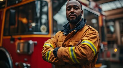 Firefighter wearing brown jacket standing with arms crossed in front of fire engine

