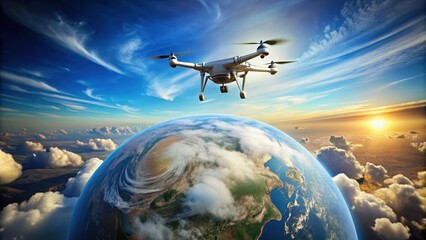 Obraz premium Artistic rendition of a global drone flying high in the sky , technology, innovation, surveillance, aerial, futuristic