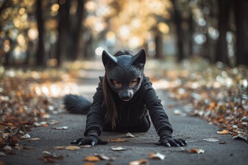 Child quadrobber wearing a fox costume crouching on a pathway surrounded by autumn leaves
