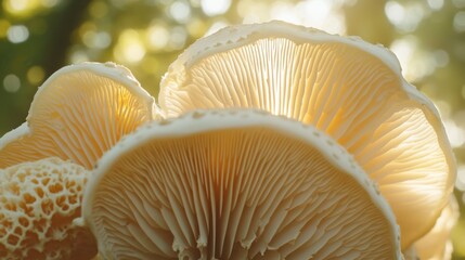A close-up of a mushroom cap with intricate gills, illuminated by sunlight peeking through the trees.