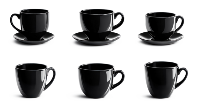 variety of black coffee cups silhouettes set for café and kitchenware themes, isolated on transparent background
