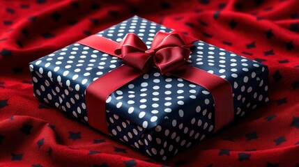 Obraz premium Beautifully Wrapped Gift Box with Red Ribbon on Red Background, Perfect for Christmas, Birthday, or Special Occasion, Ready to Give
