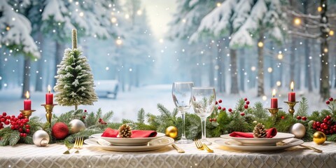 Festive Christmas table setting with snowy forest background, Christmas, table setting, holiday, festive, winter, snow