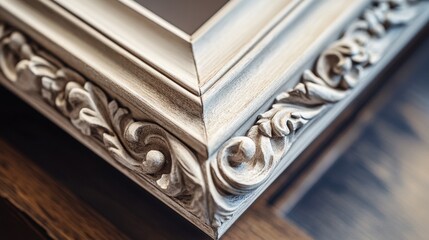 A close-up of a picture frame corner, showing intricate detailing on a vintage design.