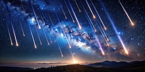 Slow motion shooting stars falling, illuminating the landscape below, stars, shooting, slow motion, falling