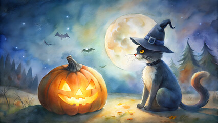 Fototapeta premium Black cat in a witch hat, sitting beside a glowing pumpkin, full moon and bats in the background, magical atmosphere, copy space