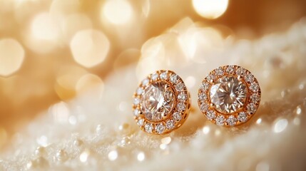 A close-up of diamond-studded earrings glimmering under soft light, ready for a special occasion.