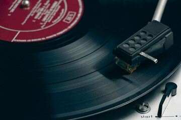 Close-up of a record player needle on a vinyl record