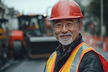 Smiling construction worker in a red hardhat and reflective vest at a worksite
