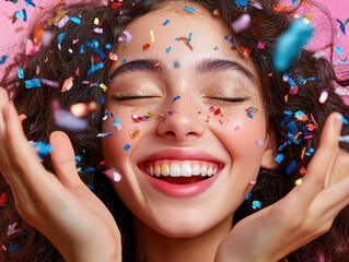 Happy Woman Blowing Confetti with Joy and Laughter, Celebrating a Fun Moment, Festive Party Celebration, Joyful Expression, Festive Mood, Confetti Shower, Celebration Photography
