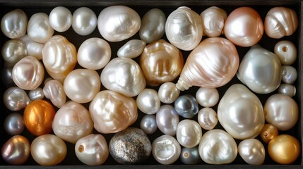 Obraz premium A collection of different pearl types, from freshwater to cultured, arranged in a display.