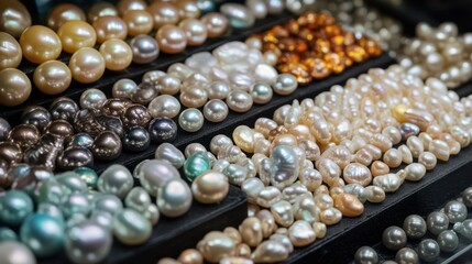 A collection of different pearl types, from freshwater to cultured, arranged in a display.