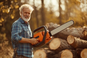Elderly man holding a chainsaw and smiling near a stack of chopped wood in a forest