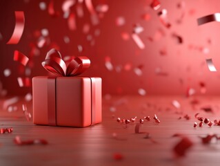 Red Gift Box with Ribbon on Red Background, Joy of Giving, Celebrate, Present, Festive, Holiday, Birthday, Anniversary, Love, Surprise, Celebration, Happiness, Cheerful, Joy, Delight, Gift, Package