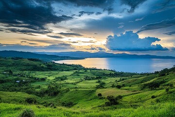 Wide-angle vista blending land and sea, dramatic clouds overhead, vibrant colors, serene atmosphere