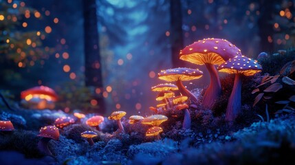 A colorful mushroom patch in an enchanted forest, glowing softly under the moonlight.