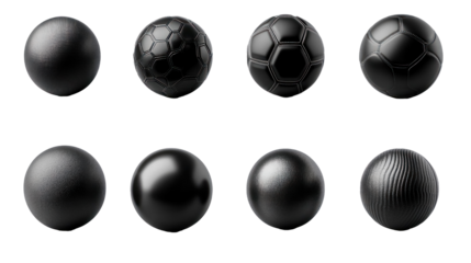 collection of black sports balls silhouettes isolated on transparent background
