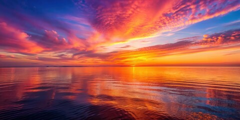 Fototapeta premium Sunset over the calm sea with vivid orange and pink hues reflecting on the water surface , sunset, sea, ocean, horizon, sky