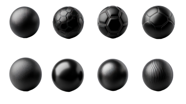 collection of black sports balls silhouettes isolated on transparent background