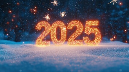 Sparkling 2025 New Year celebration with snow and festive lights in a wintery landscape at night