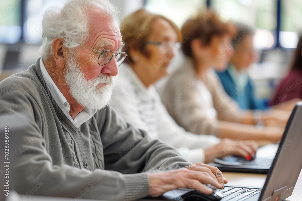 Aufkleber A diverse group of seniors learns to use laptops and desktop computers while enhancing their technology skills in a supportive environment. Generative AI