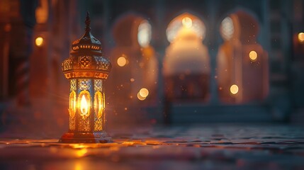 Fototapeta premium Islamic lamp for ramadan eid al fitr and adha against a blurry church backdrop