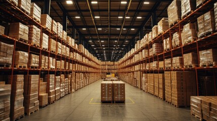 Obraz premium Warehouse Interior with Stacked Boxes and Shelving Units