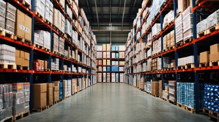 Organized Warehouse with Stacked Pallets and Shelves