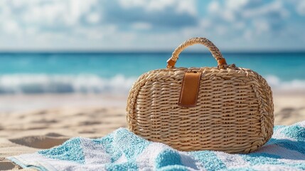 Woven Bag on Beach Towel by Ocean Shoreline