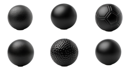 black textured sports balls silhouettes isolated on transparent background