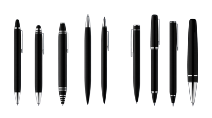 set of black executive pens isolated on transparent background