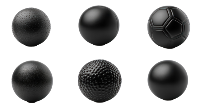 black textured sports balls silhouettes isolated on transparent background