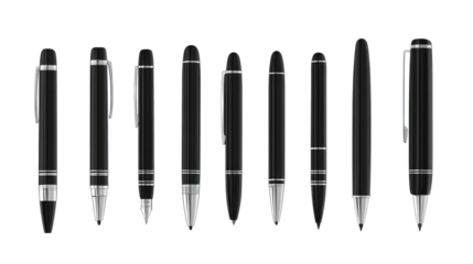 assorted black executive pens isolated on transparent background