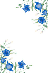 Vertical frame with blue and white flowers, with green stems and leaves. Watercolor digital illustration for printing and web design