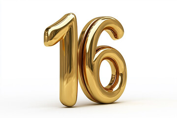 3d gold number 16 isolated on white background