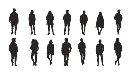 monochrome black people silhouettes walking isolated on transparent background