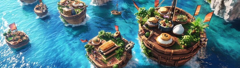 Obraz premium Birds-eye view of a whimsical culinary utopia, floating islands of gourmet dishes, vibrant colors and dreamlike landscapes