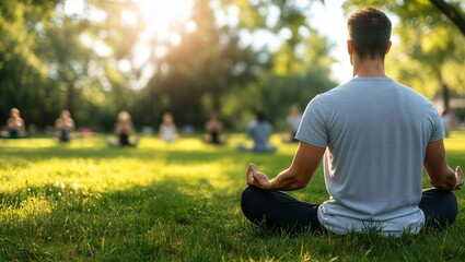 Fototapeta premium A Peaceful Gathering: Individuals Engaged in Group Meditation Amidst Lush Greenery, Absorbing Nature's Calm and Embracing Inner Harmony in the Sunlit Park Setting.