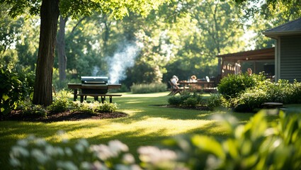 Naklejka premium A tranquil garden scene captures friends enjoying a sunny day, surrounded by lush greenery, a grill emitting smoke, and the joy of outdoor companionship and relaxation.