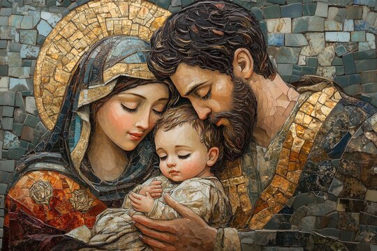 A detailed mosaic of the Holy Family, embellished with radiant tiles and sparkling gold highlights. Mary, Joseph, and baby Jesus, christmas scene