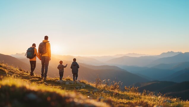 A Morning Hike: A Family Stroll Through Majestic Mountains As the Sun Rises, Embracing Nature Together Says a Thousand Memories on This Beautiful Day in the Great Outdoors. - Powered by Adobe