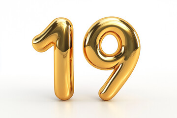 3d gold number 19 isolated on white background