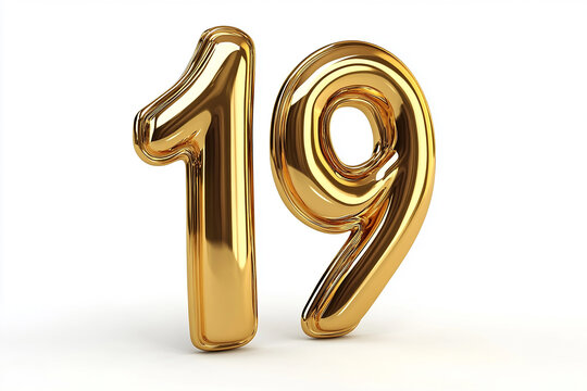 3d gold number 19 isolated on white background